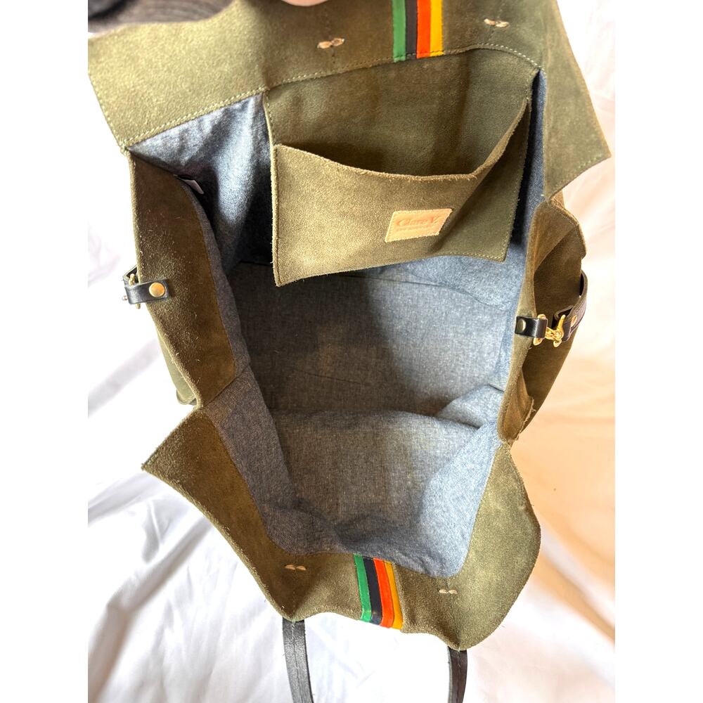 Clare V Large Simple Tote Bag Olive Army Green Suede Multicolor Center Stripe - Picture 8 of 9